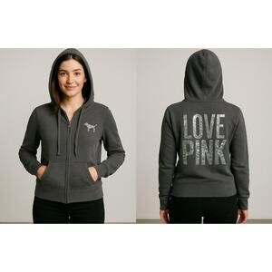 VTG PINK Victoria’s Secret Hoodie XS Gray Zip Sequin LOVE PINK Dog Logo Y2K